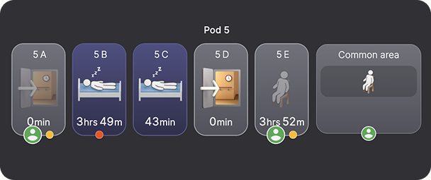 Pod 5 room overview with fall detection in the common area
