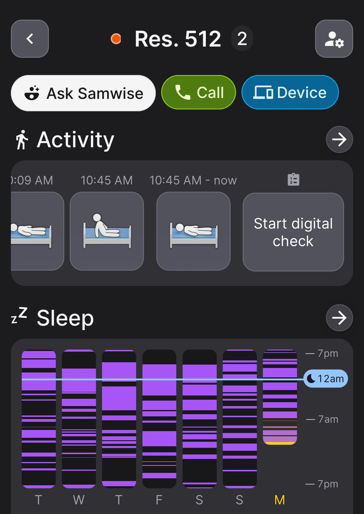 The Teton app resident screen, showing the Activity widget with recent positions and a Start digital check button.