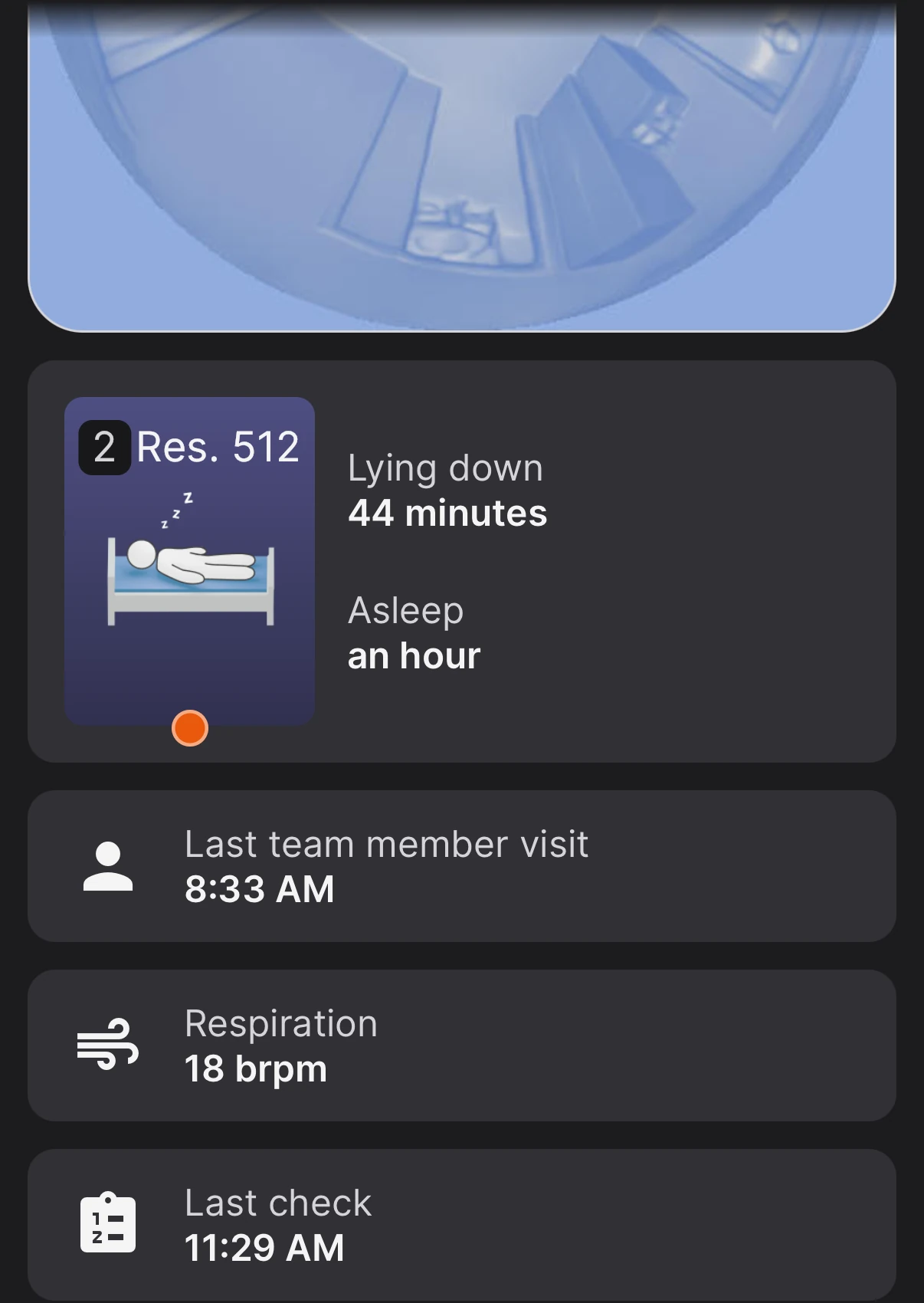 The spot check screen showing the resident lying down for 44 minutes, asleep an hour, last team member visit at 8:33 AM, and respiration of 18 breaths per minute.