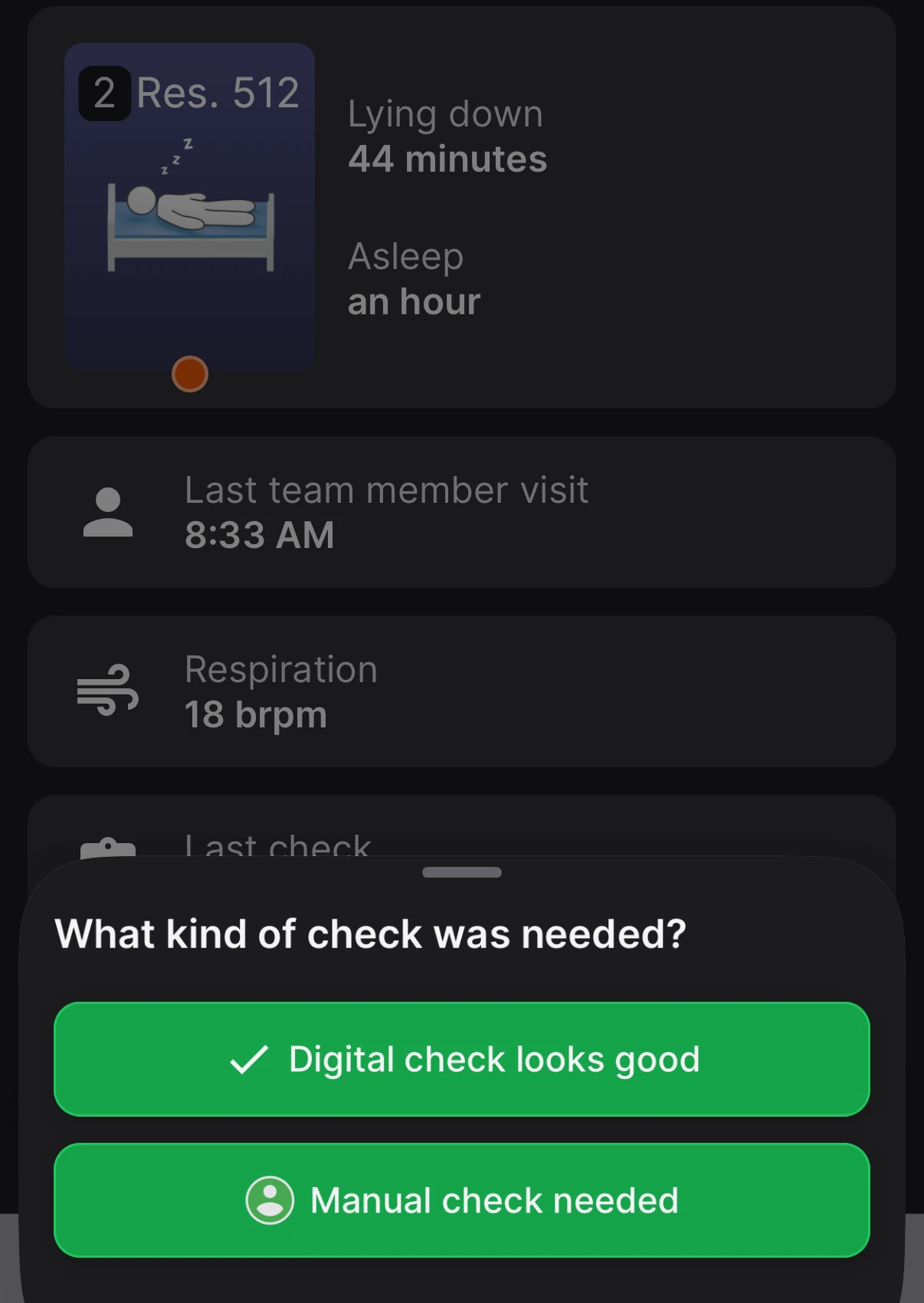 A prompt asking what kind of check was needed, with two buttons: Digital check looks good, and Manual check needed.