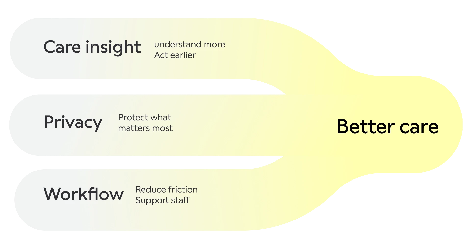 Three overlapping pillars — Privacy, Care insight, and Workflow — meeting at Better care