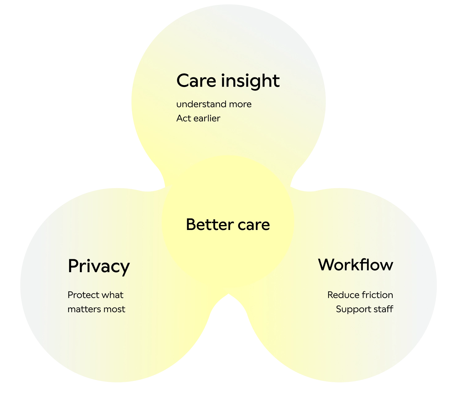 Three overlapping pillars — Privacy, Care insight, and Workflow — meeting at Better care