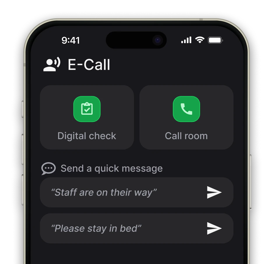 E-Call screen with Call room and quick messages such as “Staff are on their way”